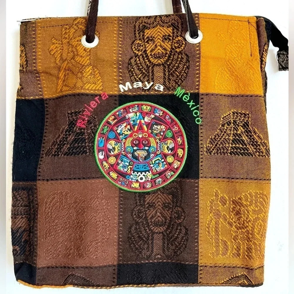 Tote Handbag Aztec Calendar Embroidered Zip Close Handmade